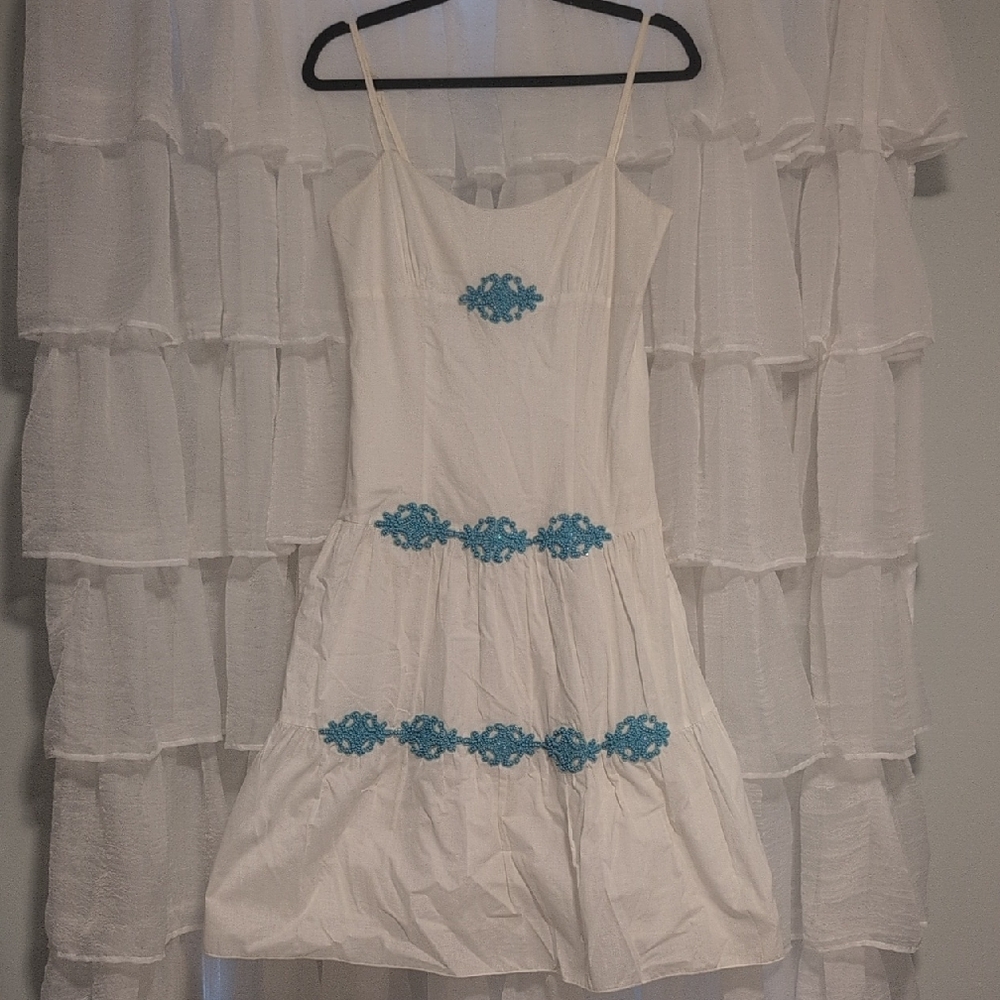 Ruth White Boho Dress with Blue Beading Detail